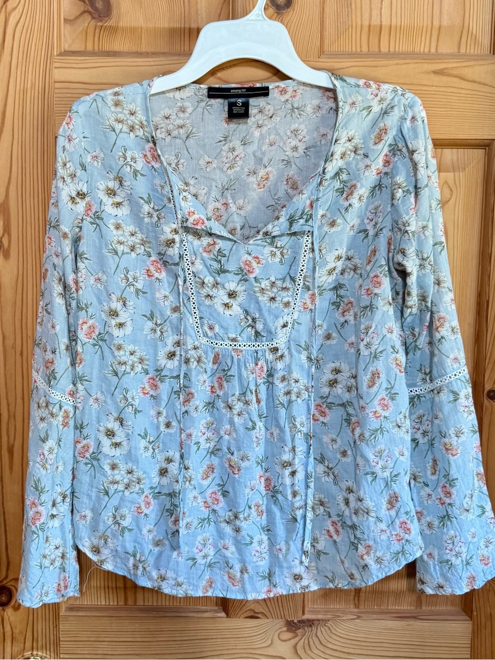 Light Blue Floral Lace-Trim Peasant Blouse